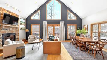 Smart TV, fireplace, foosball