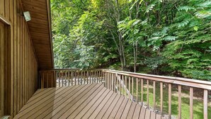 Eine Holzdielen-Terrasse mit Geländer, mit Blick auf ein bewaldetes Gebiet.