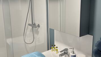 Shower, hair dryer, towels