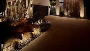 Ein modernes Haus mit einem gut beleuchteten Garten, der verschiedene Kakteen und Wüstenpflanzen zeigt.