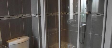 A bathroom with a toilet, a glass-enclosed shower, and tiled walls.