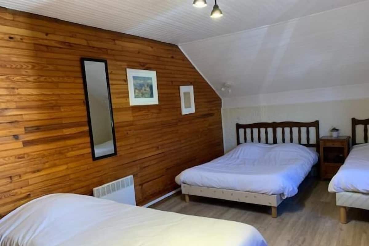 Een kamer met houten wanden, twee bedden, een spiegel en een schilderij.