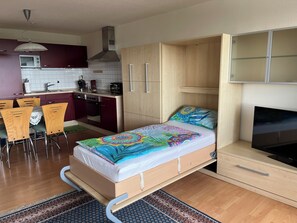 Ein kompaktes Studioapartment mit Küchenzeile, einem Bett mit farbenfroher Bettdecke, einem Fernseher und einem kleinen Holzschrank.