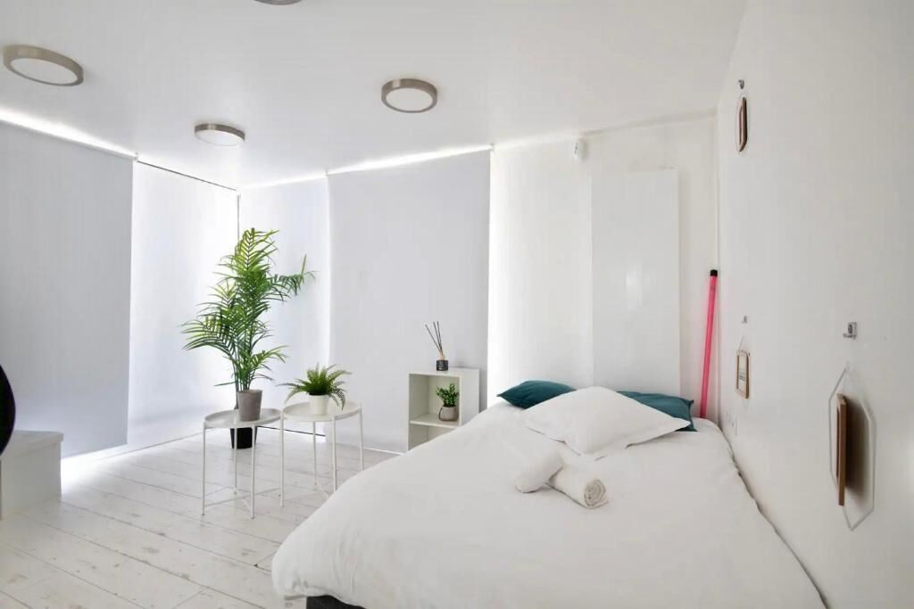 A modern bedroom with a large bed, a potted plant, and a small side table.