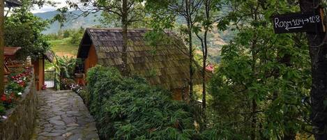 Un chemin de pierres mène à un bâtiment rustique doté d’un toit de chaume, entouré d’une végétation luxuriante et agrémenté d’une pancarte indiquant « Chambre 104 ».