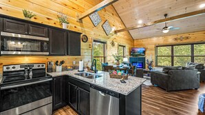 A modern kitchen with stainless steel appliances, a granite countertop, and wooden cabinetry. - Brand New “Easy Cabin on Osprey way" (Pigeon Forge)