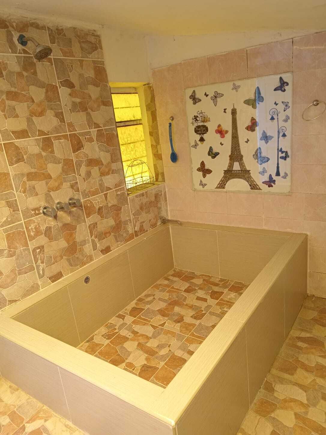 Une salle de bain avec une baignoire, des carreaux de mosaïque et une décoration murale représentant la Tour Eiffel et des papillons.