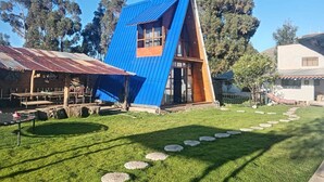 A modern house with a blue roof and wooden structure, surrounded by a well-maintained lawn and stone steps leading to the entrance.