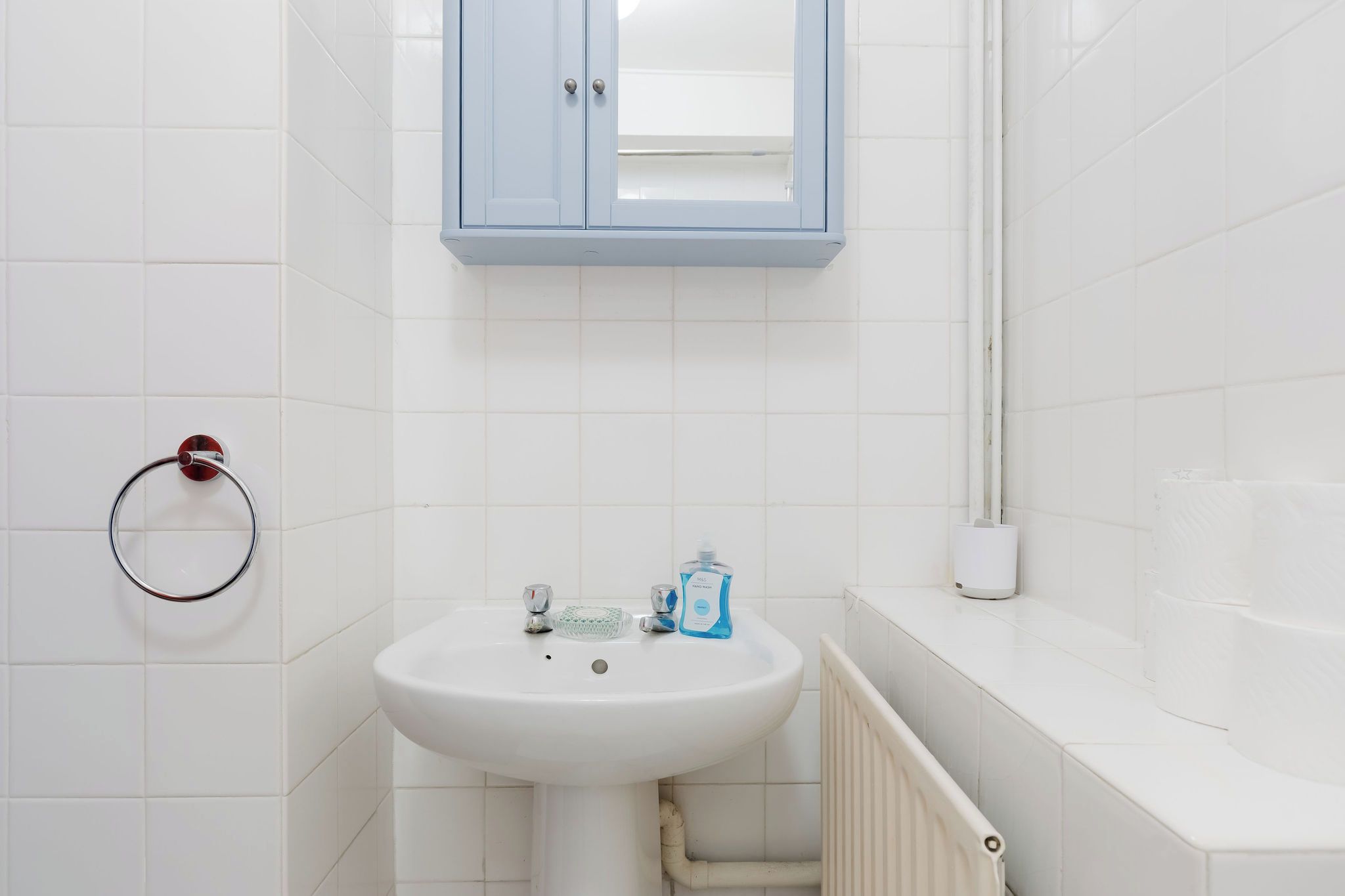 Un baño con un lavabo blanco, un toallero, un espejo sobre el lavabo y un dispensador de papel higiénico en la pared.