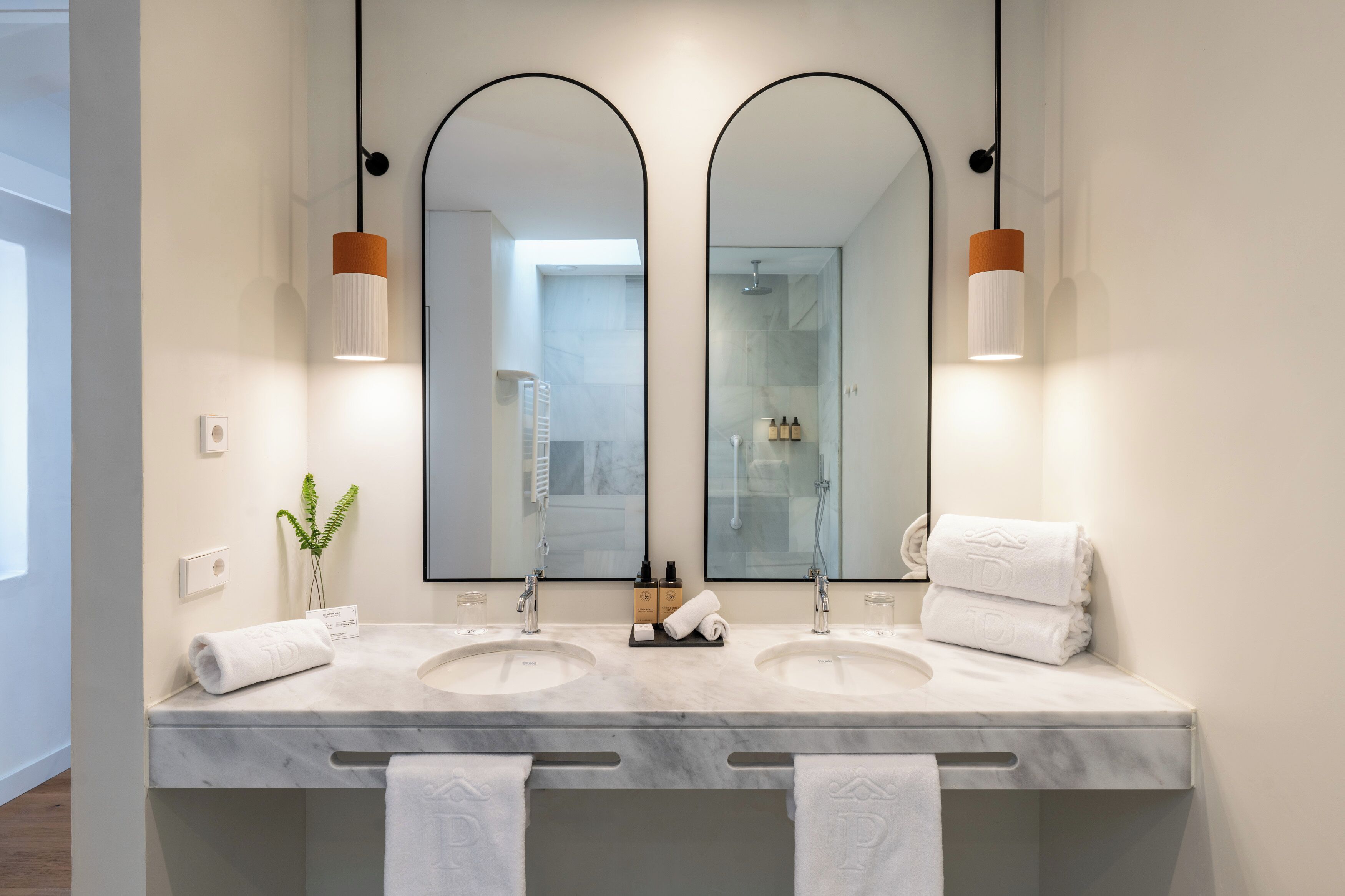 Ein Badezimmer mit zwei Waschbecken, einem Spiegel und einer Pflanze.