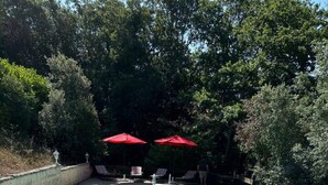 Una piscina rectangular amb una zona de solàrium amb rajoles, envoltada d'arbres i ombrel·les vermelles.