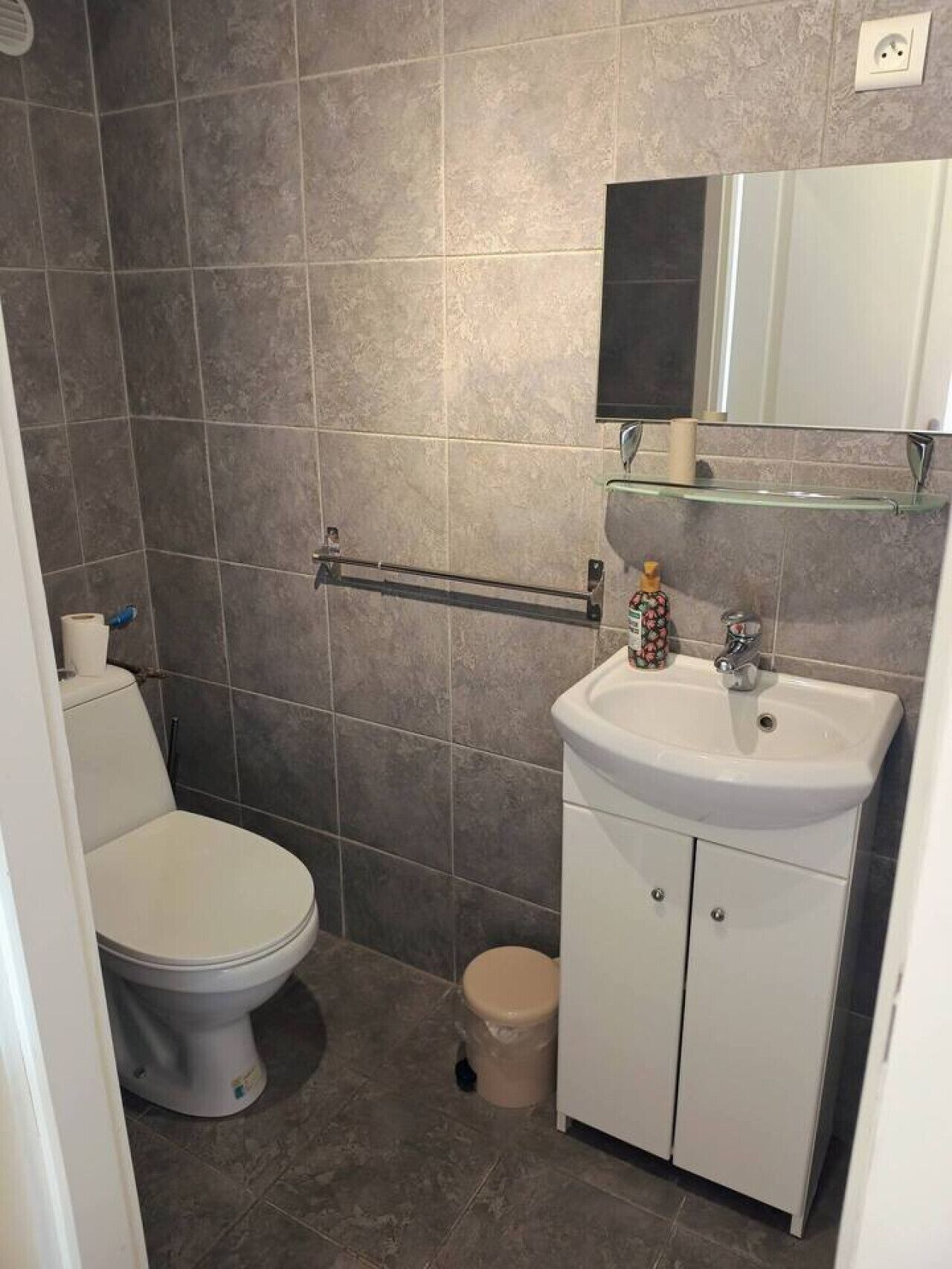 A bathroom with a toilet, sink, and mirror.