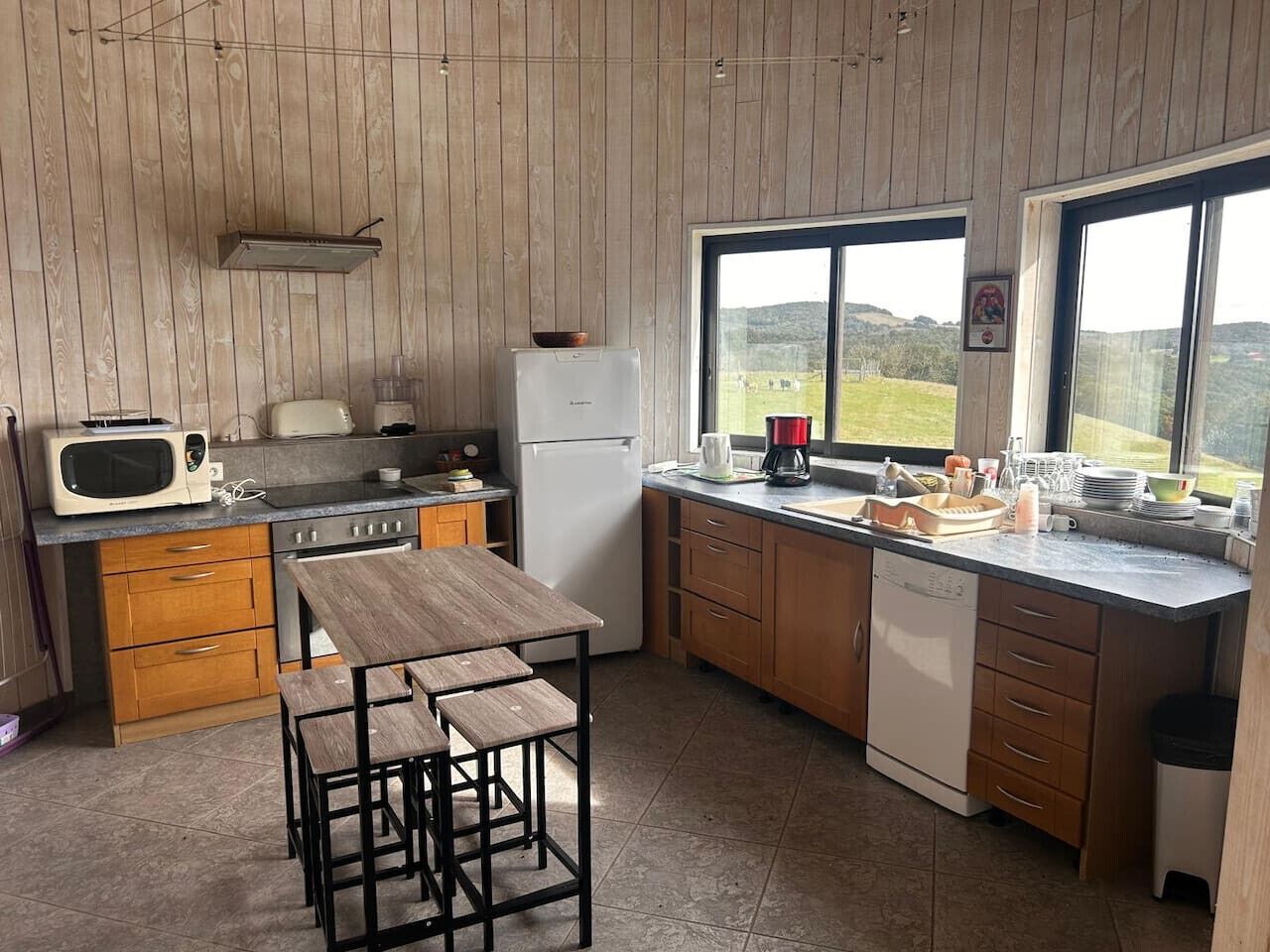 Eine kompakte Küche mit Holzausstattung, einer Mikrowelle, einem Kühlschrank, einem Spülbecken und einem Fenster mit Blick ins Grüne.