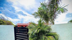 Ein gepflegter Garten mit einem gepflasterten Weg zu einem verschlossenen Eingang.
