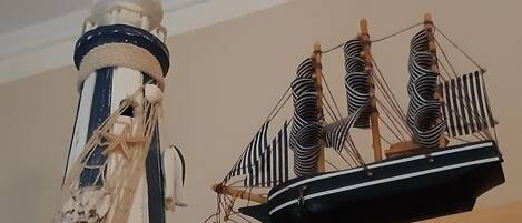 A model ship on a shelf.