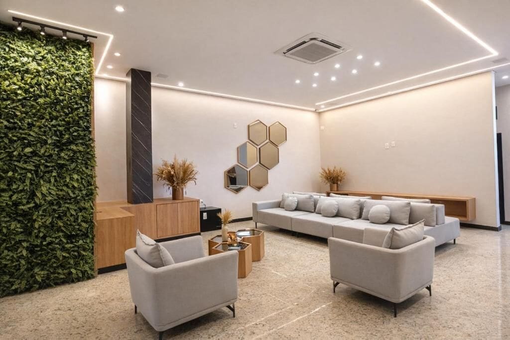 A modern lobby with a green wall, a sectional sofa, and a seating area with a wooden bench.