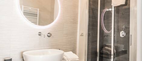 Shower, hair dryer, bidet, towels