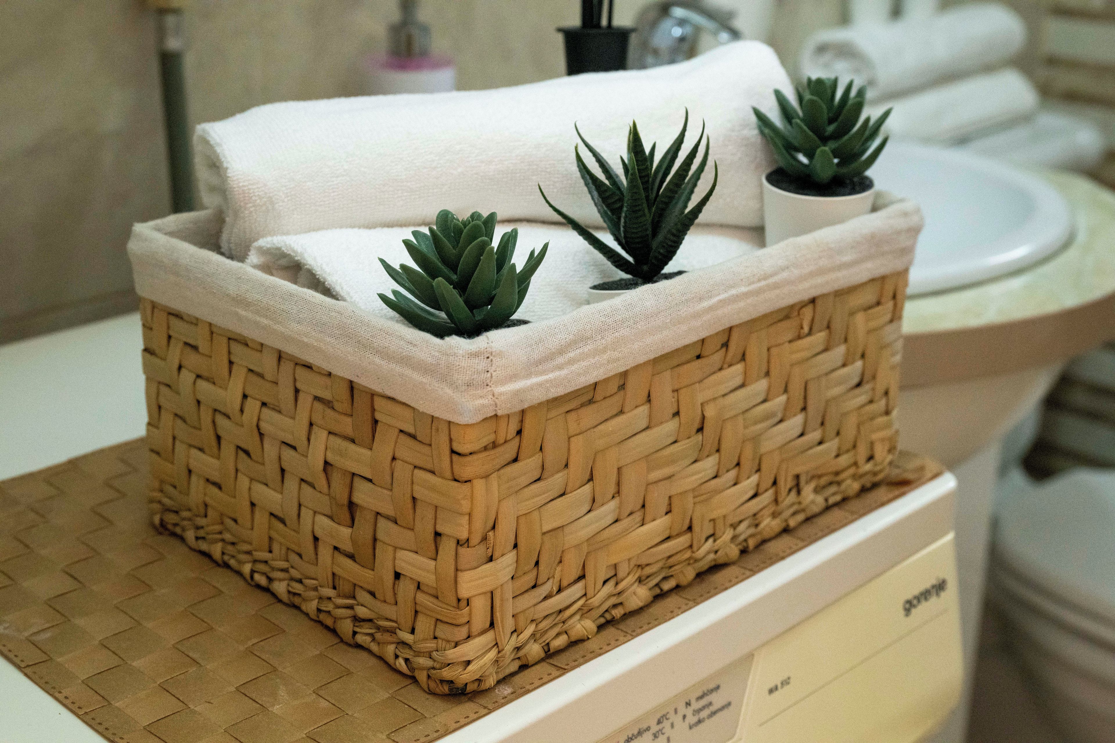 A woven basket with a cushion and two small potted plants on a bathroom counter.