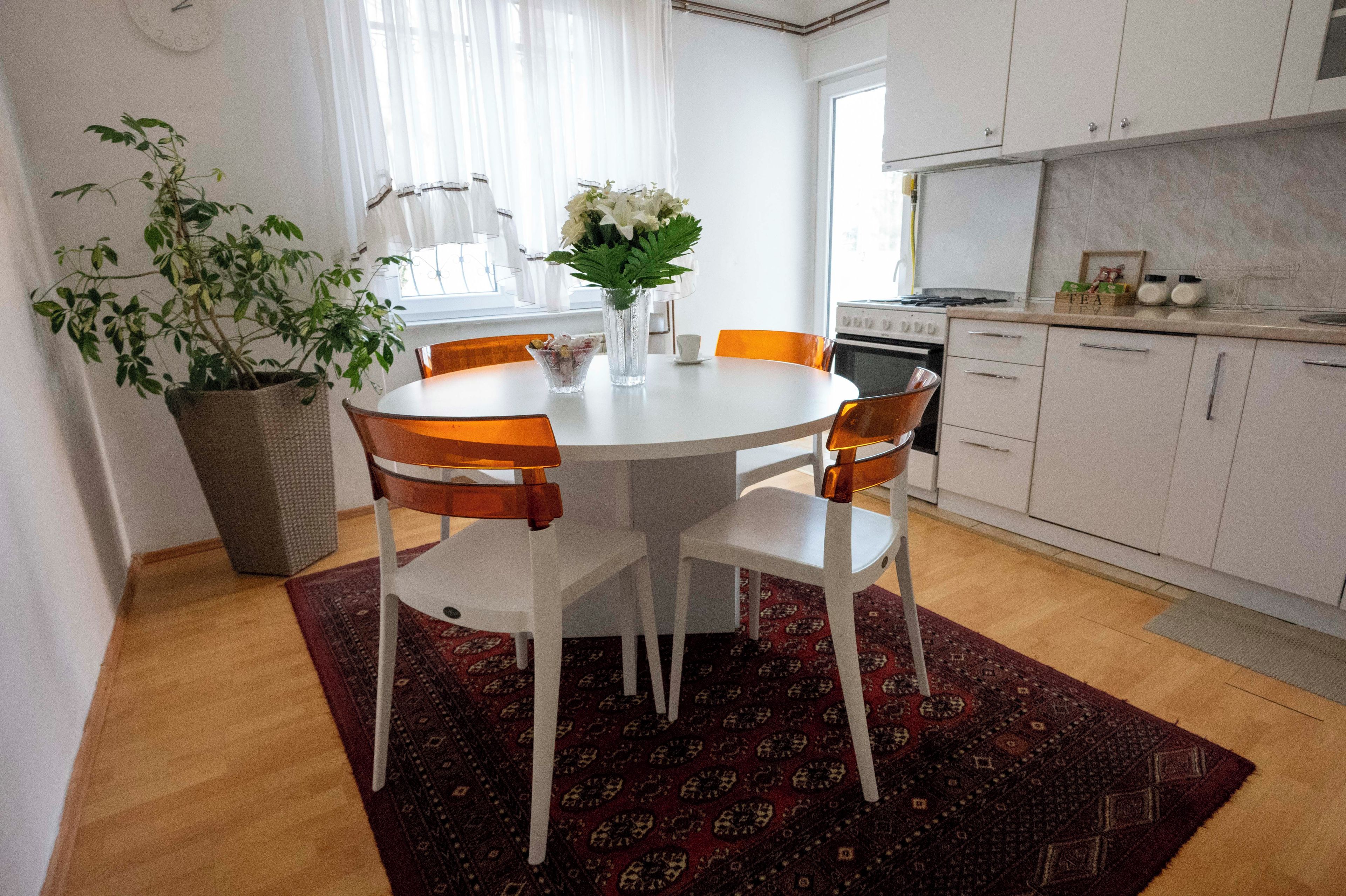 Un comedor con una mesa redonda, cuatro sillas, una planta en maceta y un florero con flores.