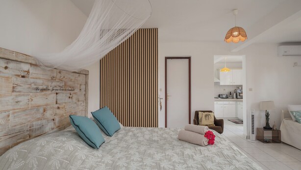 A bedroom with a bed, pillows, a bedside table, a lamp, a wardrobe, and a hanging light fixture. - L’écrin - Climatisation - Jardin (Baillif)