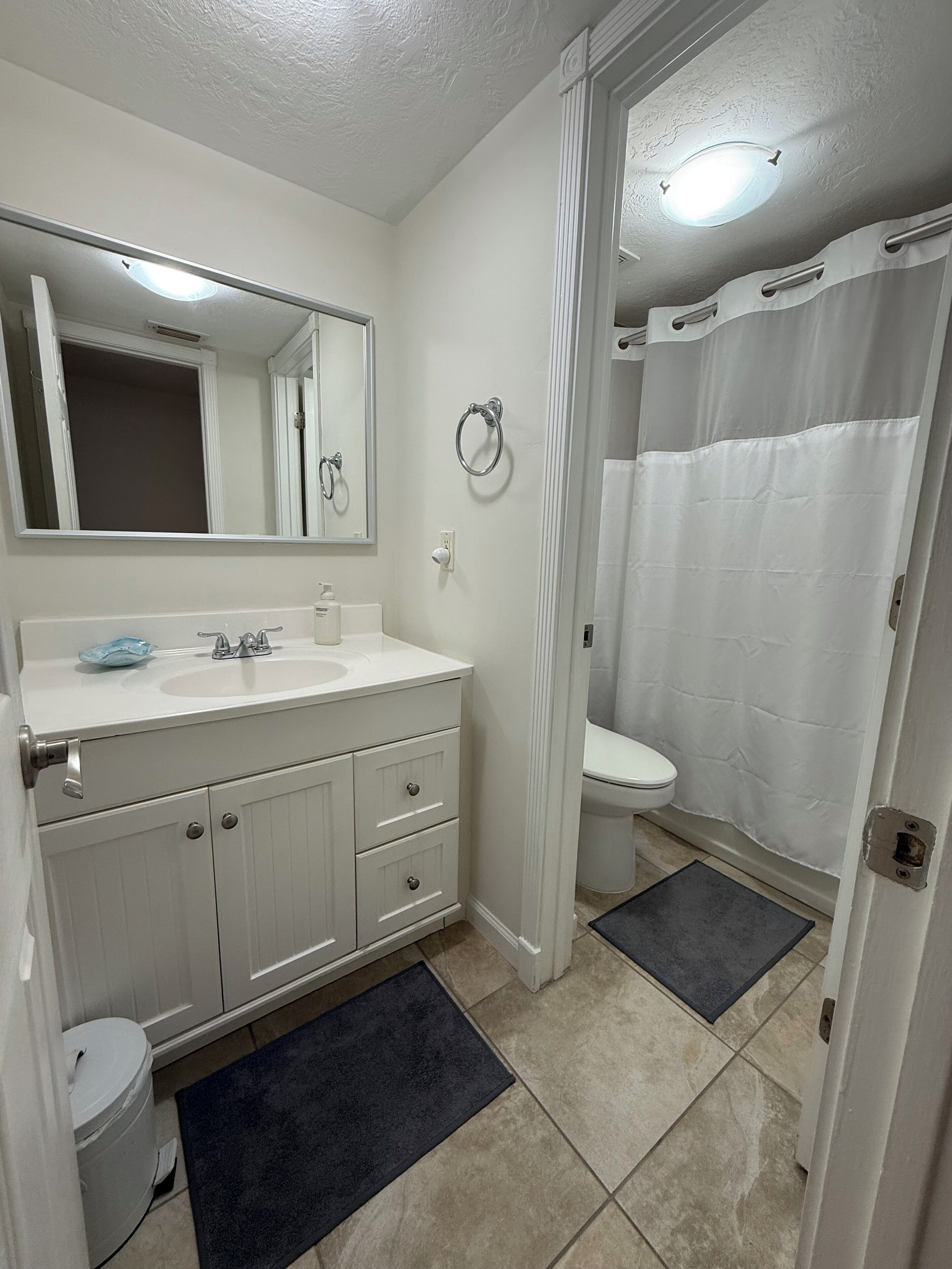 Een badkamer met een wit wastafelmeubel, een spiegel, een toilet en een douchegordijn.