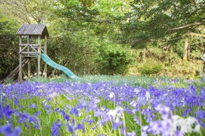 A playground with a slide and a wooden structure, surrounded by a field of purple flowers.