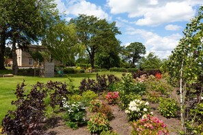 A well-maintained garden with a variety of plants and flowers, a large tree, and a building in the background.