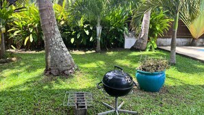 A backyard with a grill, a potted plant, and a metal grill rack.