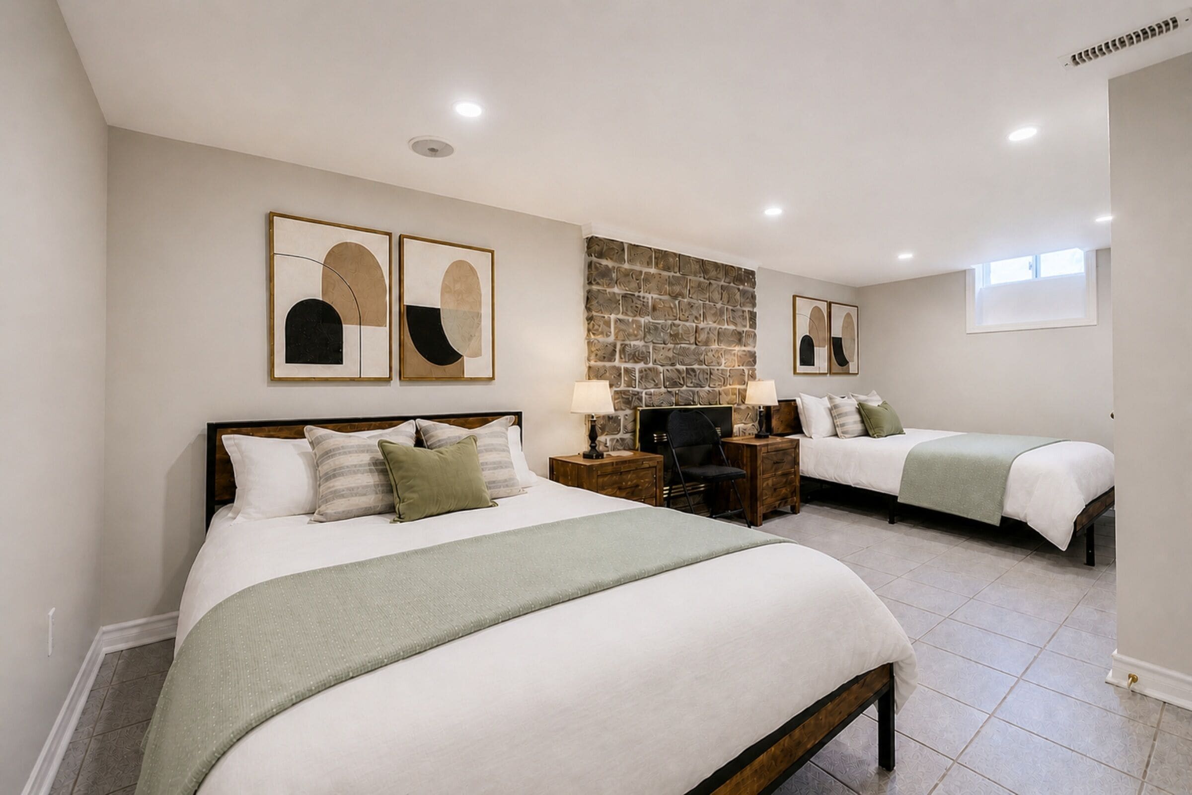 Une chambre d’hôtel avec deux lits, un mur décoratif en pierre et des œuvres d’art accrochées aux murs.