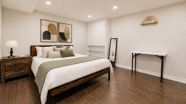 Un dormitorio con una cama de madera, una mesita de noche con lámpara, un estante junto a la cama, un espejo y una pequeña mesa blanca.