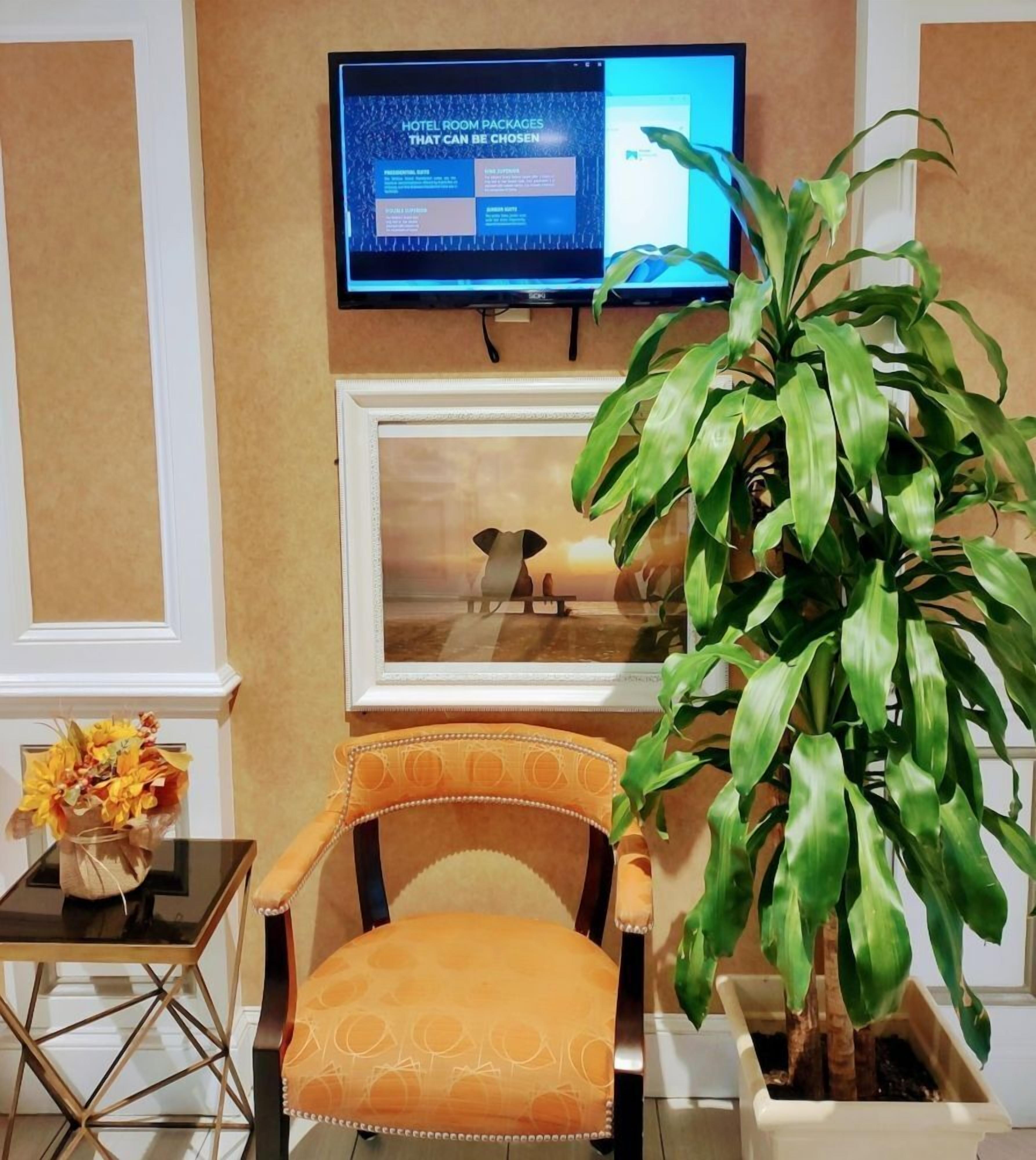 Une chambre d’hôtel équipée d’une télévision affichant les offres et les services disponibles, d’un tableau encadré au mur, d’une plante en pot, d’une chaise avec un coussin orange et d’une petite table sur laquelle est posé un vase de fleurs.