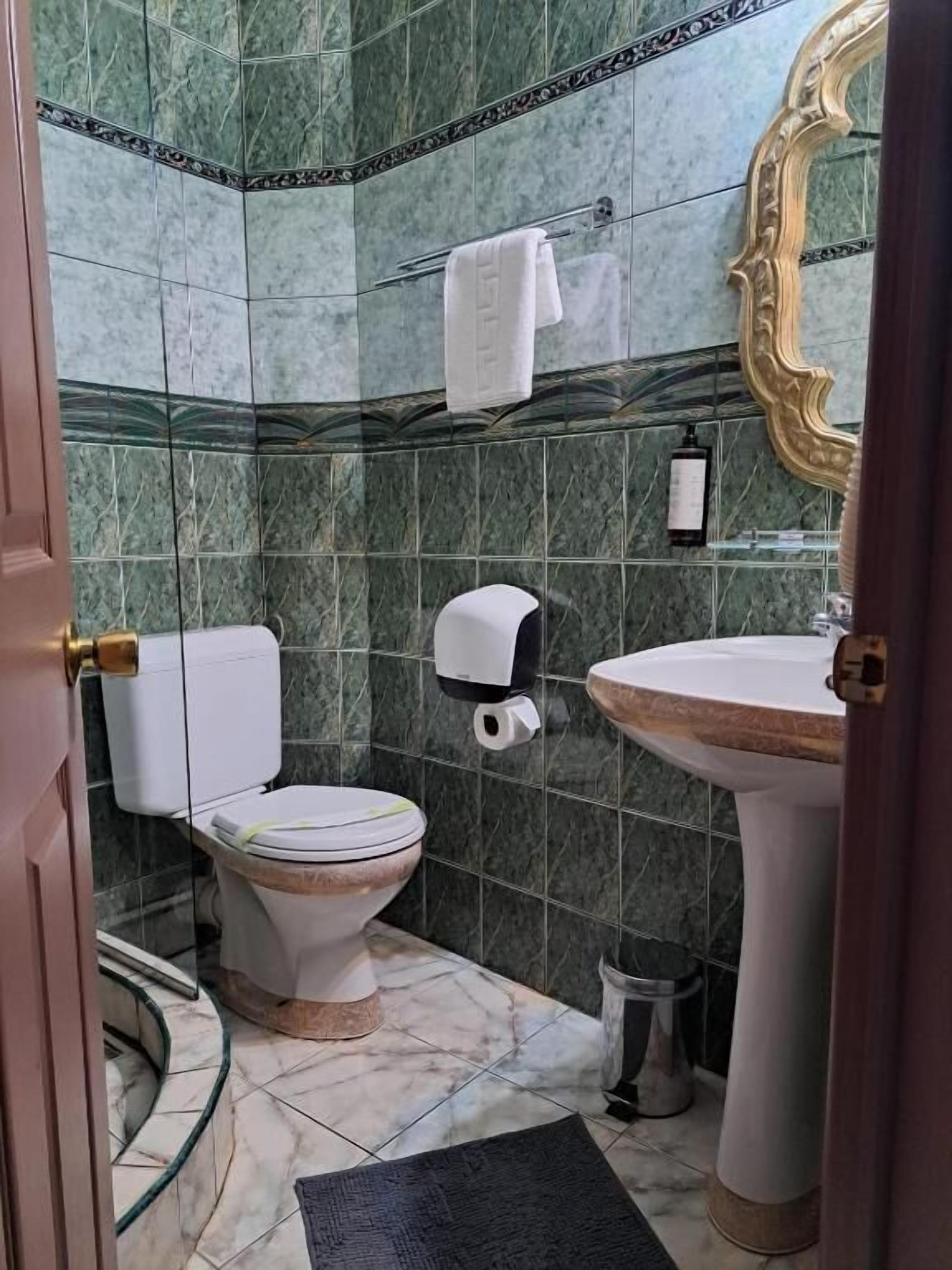 A bathroom with a toilet, sink, and mirror.