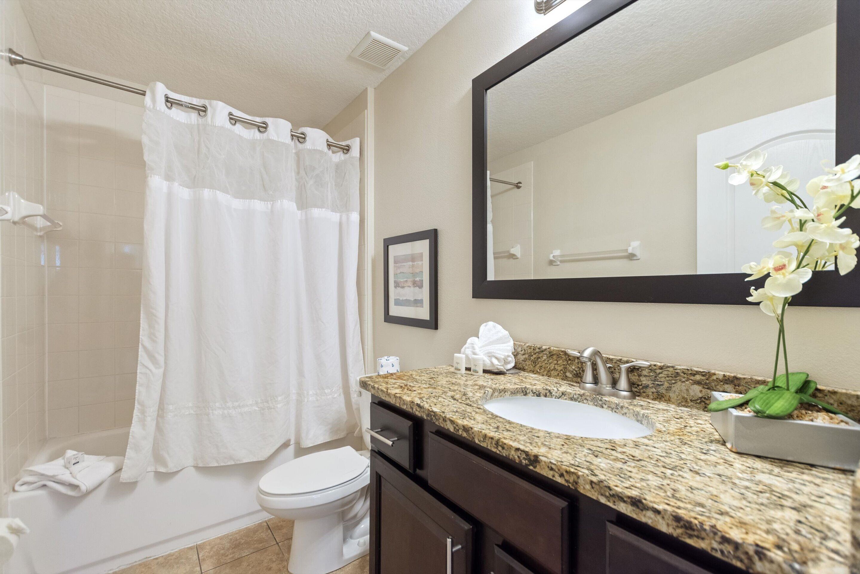 A bathroom with a shower, toilet, sink, and a large mirror.