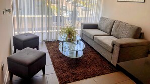 Una sala de estar con un sofá gris, una mesa de centro de vidrio con una planta, un tapete marrón y vistas a través de cortinas translúcidas.