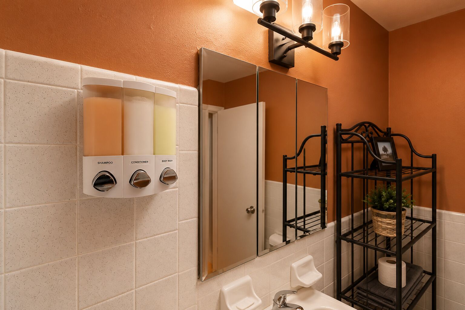Een badkamer met een wandbevestigde dispenser voor shampoo, conditioner en douchegel, een grote spiegel, een zwart metalen plankje met een fotolijstje, en een pot met een plant.
