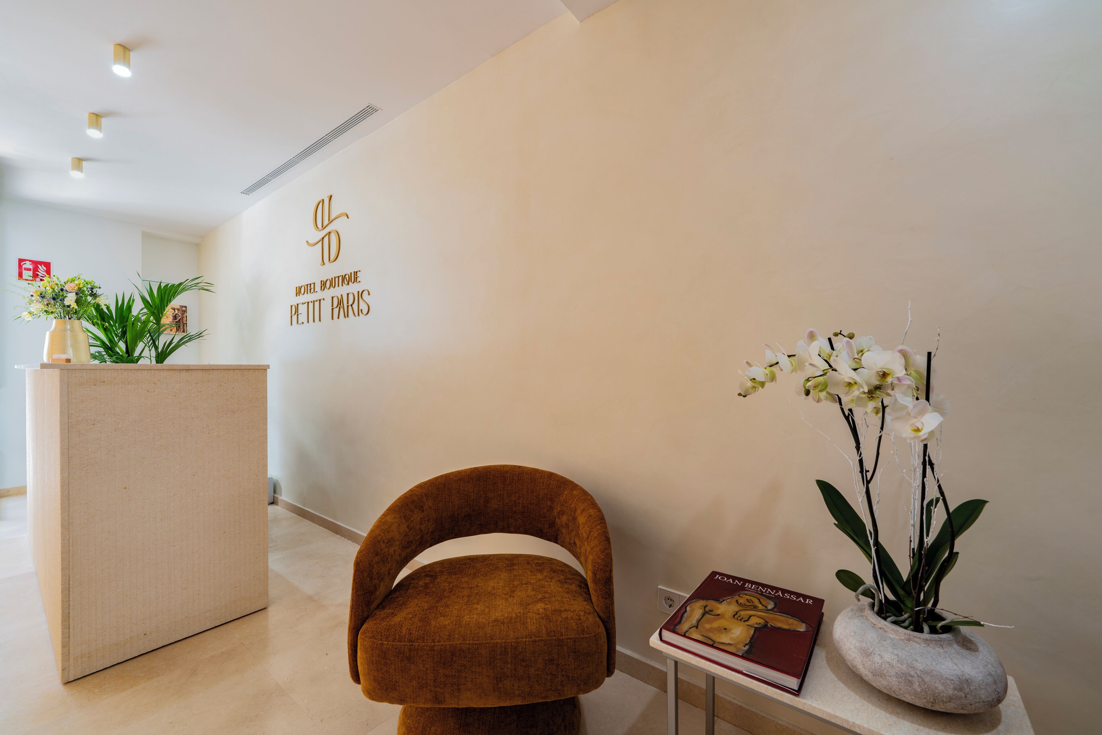 A reception area with a wooden reception desk, a brown chair, a small table with a book, and a potted orchid.