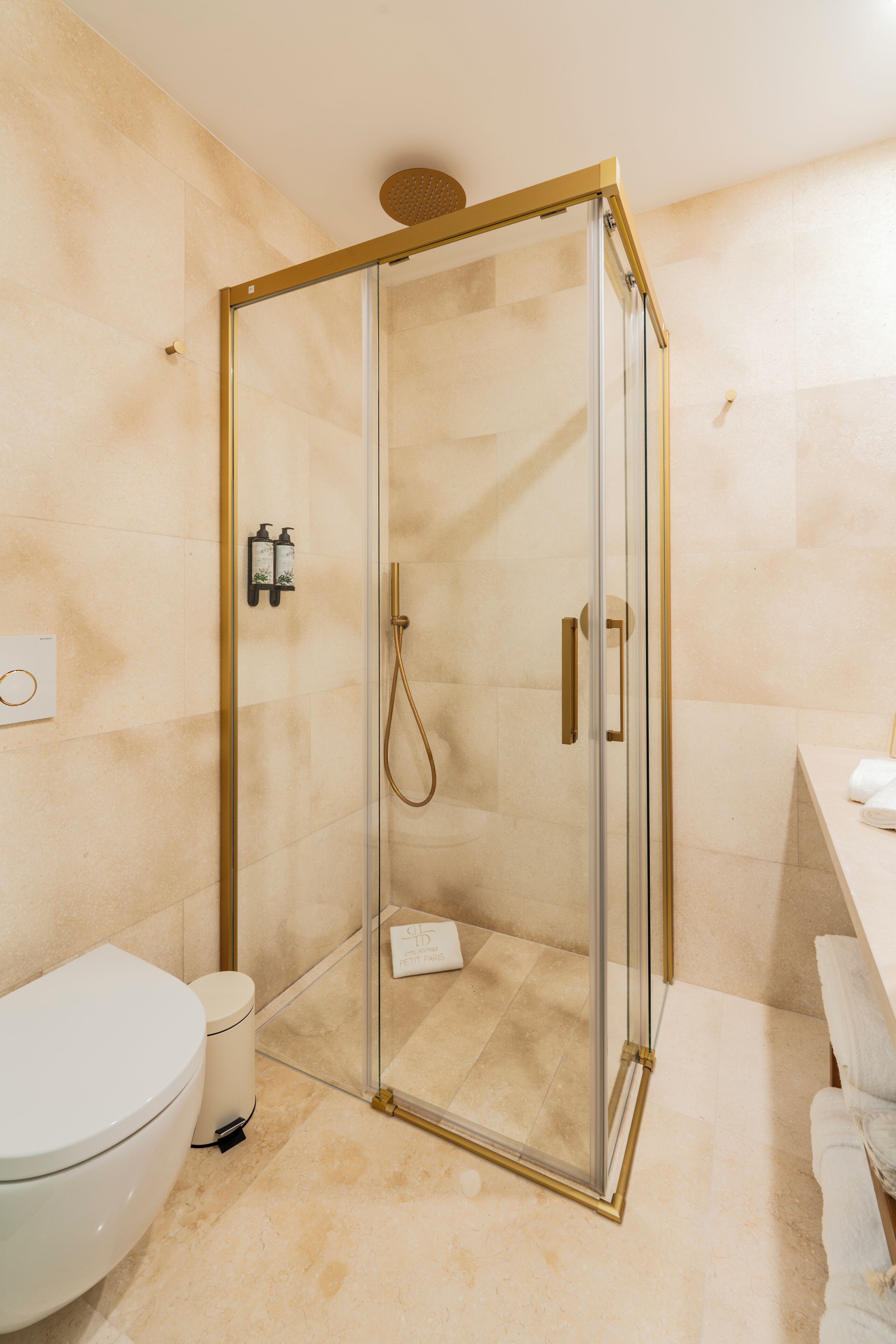 A modern bathroom with a glass-enclosed shower, a toilet, and a sink with a towel rack.