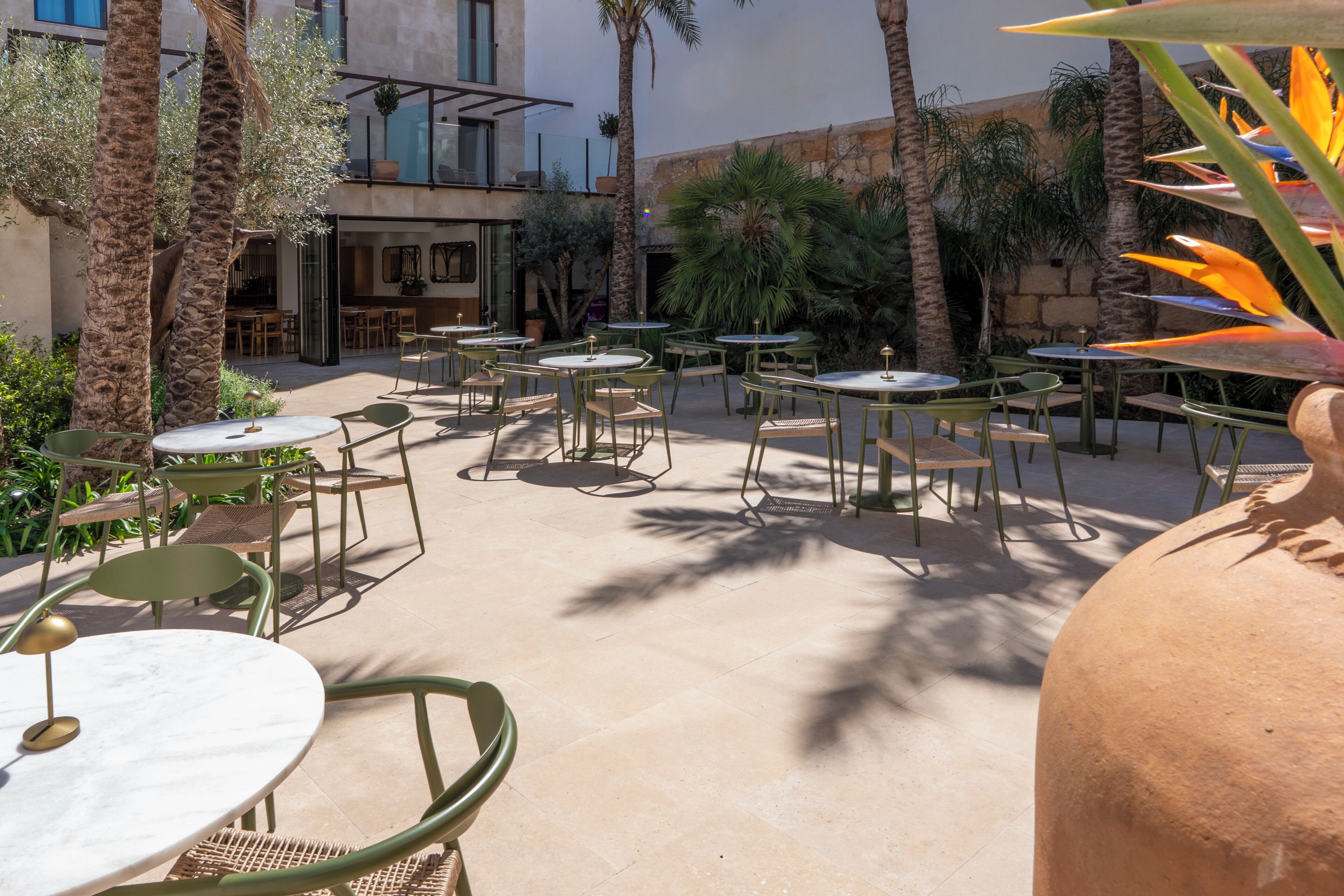 An outdoor patio with round tables and chairs, surrounded by palm trees and plants.