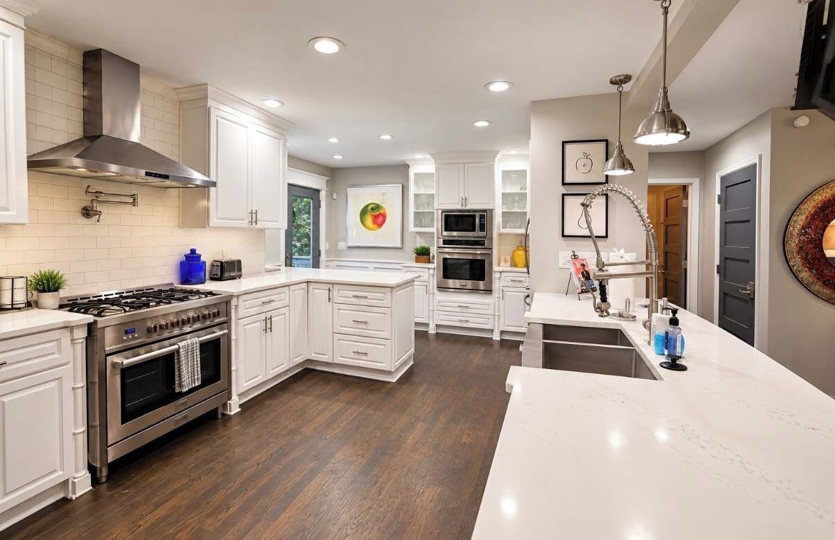 Una cocina moderna con armarios blancos, electrodomésticos de acero inoxidable y una isla central.