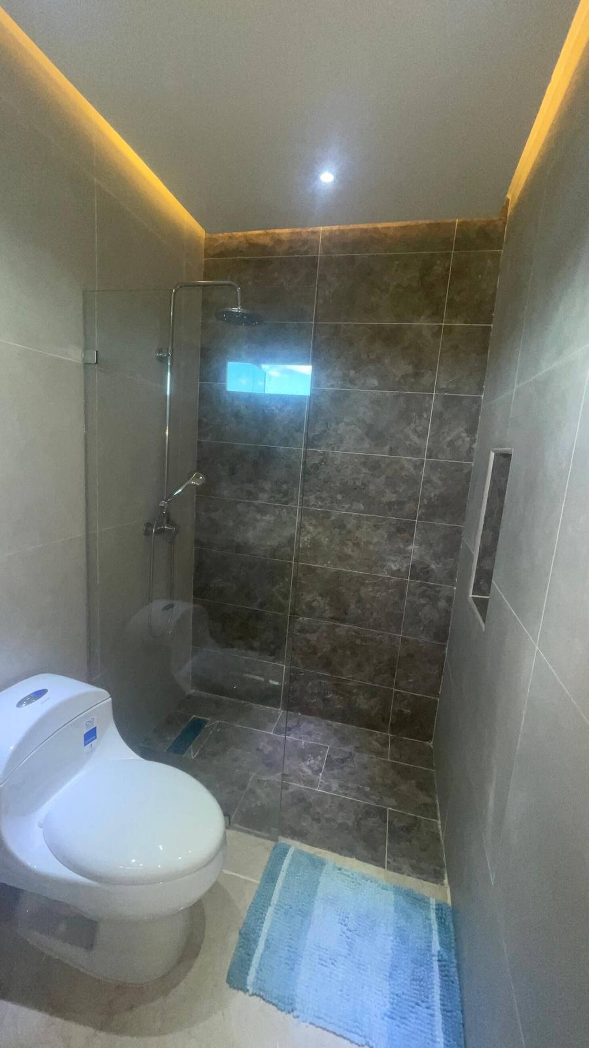 Une salle de bain moderne avec une douche à parois de verre, des toilettes et un tapis bleu.