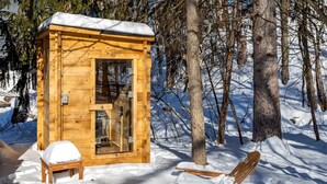 A wooden cabin with a glass door, a bench, and a chair covered in snow, surrounded by trees and snow. - NEW: In-town home w/ gorgeous cedar sauna+fire-pit (Livingston Manor)