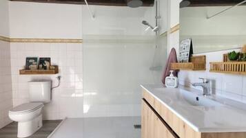 Chuveiro, secador de cabelo, toalhas de banho, sabonete