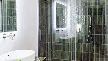 Hair dryer, towels, soap, shampoo