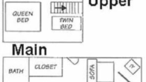 A hotel layout with a main floor and an upper floor. The main floor includes a queen bed, a twin bed, a closet, a sofa, a sofa sleeper, a table, and a bath. The upper floor has a queen bed and a twin bed. - One of our three large two bedroom “A” frame cabins at the Bar M Resort on Table Rock Lake (Branson)