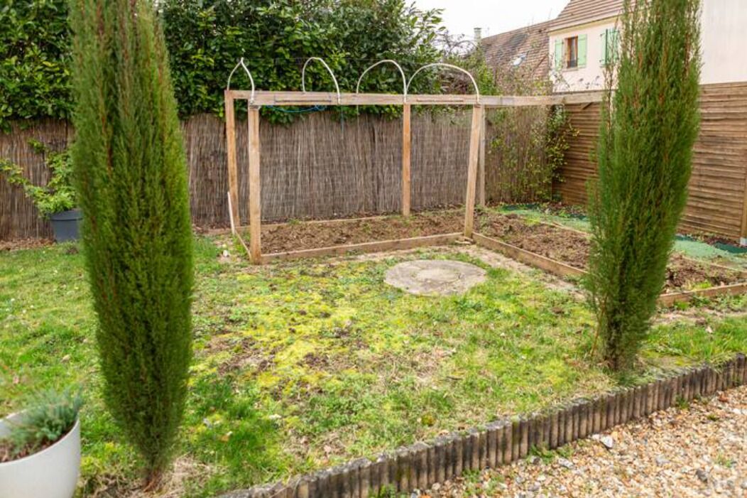 A garden with a wooden trellis structure, a raised bed, and two coniferous trees.