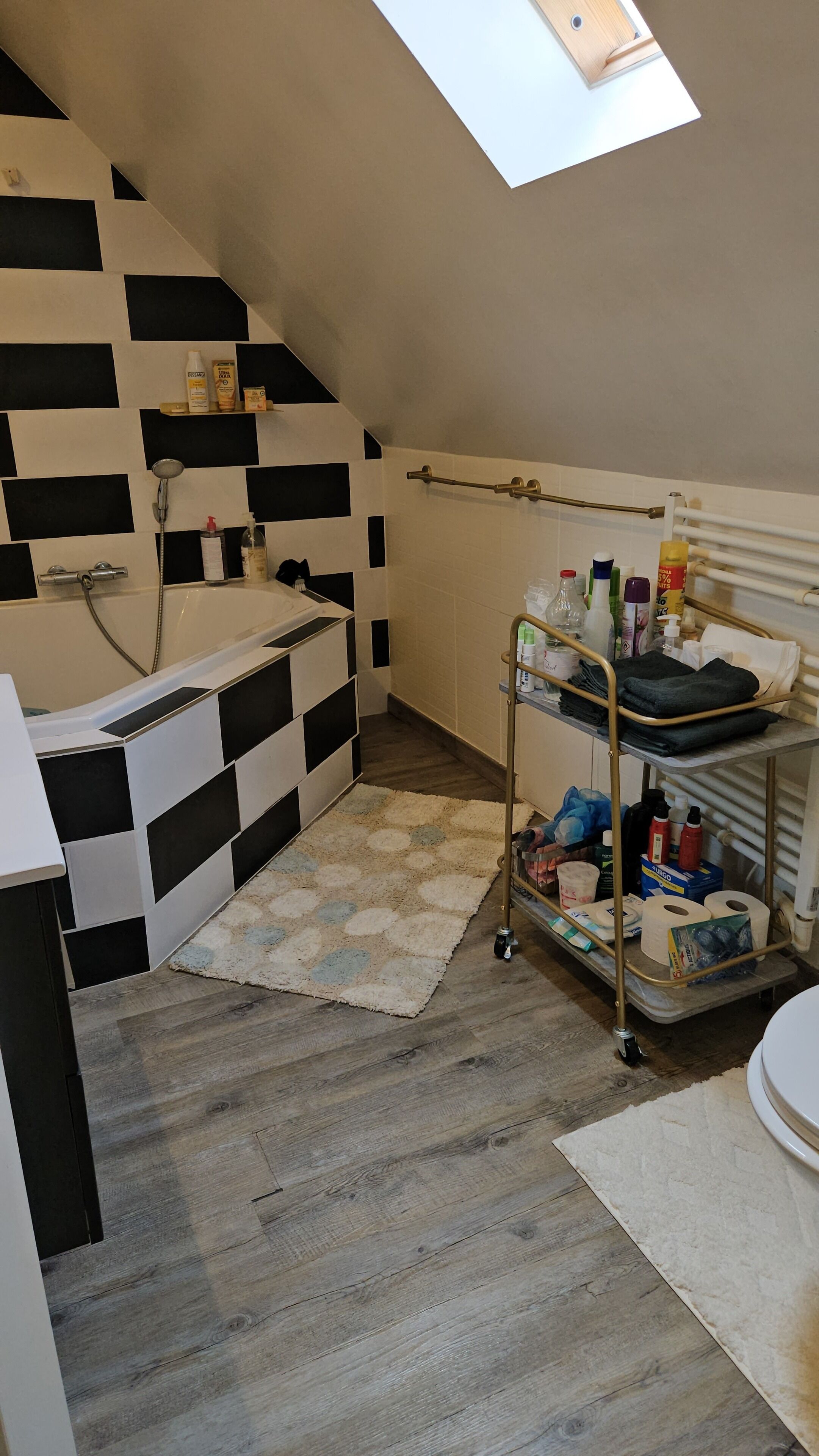 A small, modern bathroom with a black and white tiled wall, a shower, a toilet, and a skylight.