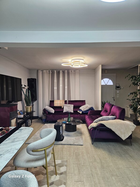 TV màn hình phẳng 45-inch có truyền hình cáp, màn hình máy tính, máy in 