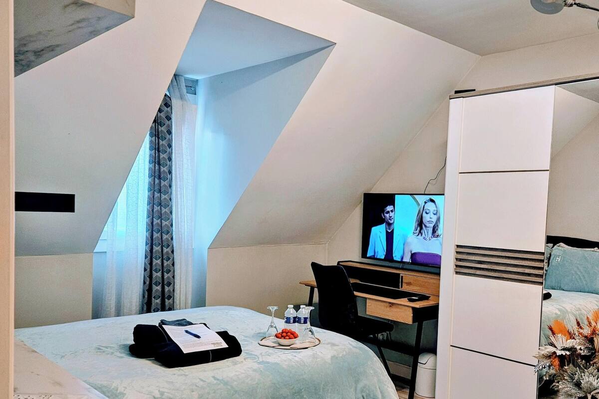 Et moderne hotelværelse med seng, skrivebord, fjernsyn og et klædeskab.