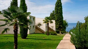 A pathway leading to a building with a view of the sea, surrounded by greenery and tall trees. - 1 bedroom gorgeous apartment in Porec (Porec)