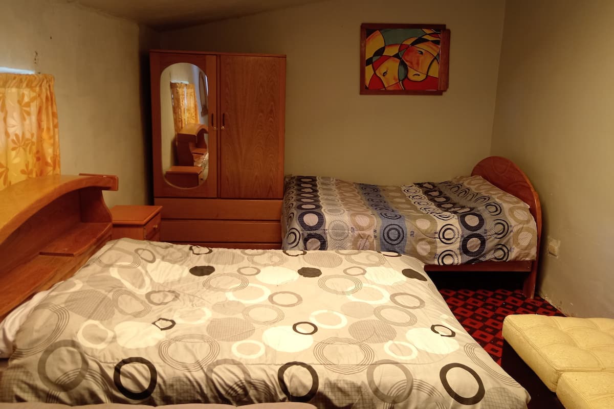 A small, cozy bedroom with two beds, a wooden wardrobe, a mirror, and a colorful painting on the wall.